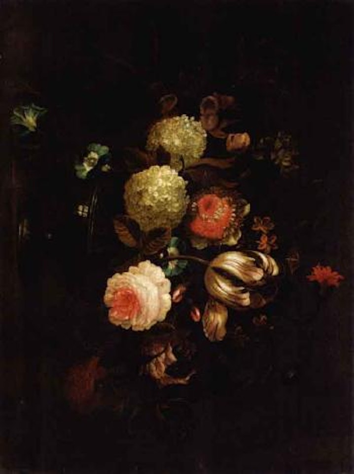 Still life with tulips, roses, carnation and other flowers in a glass vase on a stone ledge by Pieter Hardime