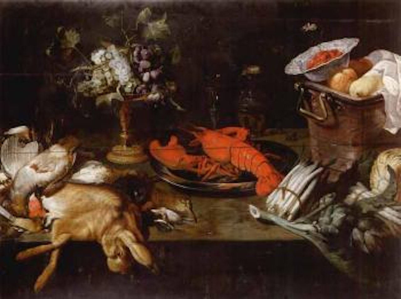 Dead hare and other game, lobster and fruit on a wooden table top by Frans Snyders