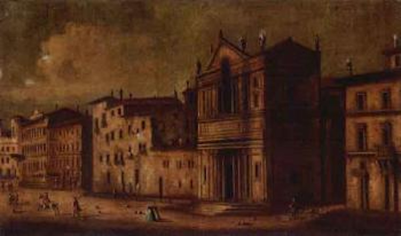 Capriccio scene with figures before a palazzo by Francesco Guardi