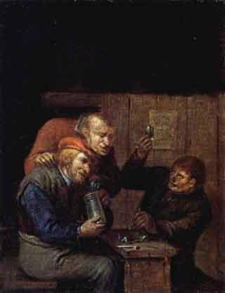 Interior with three drunk peasants by Egbert van Heemskerk III