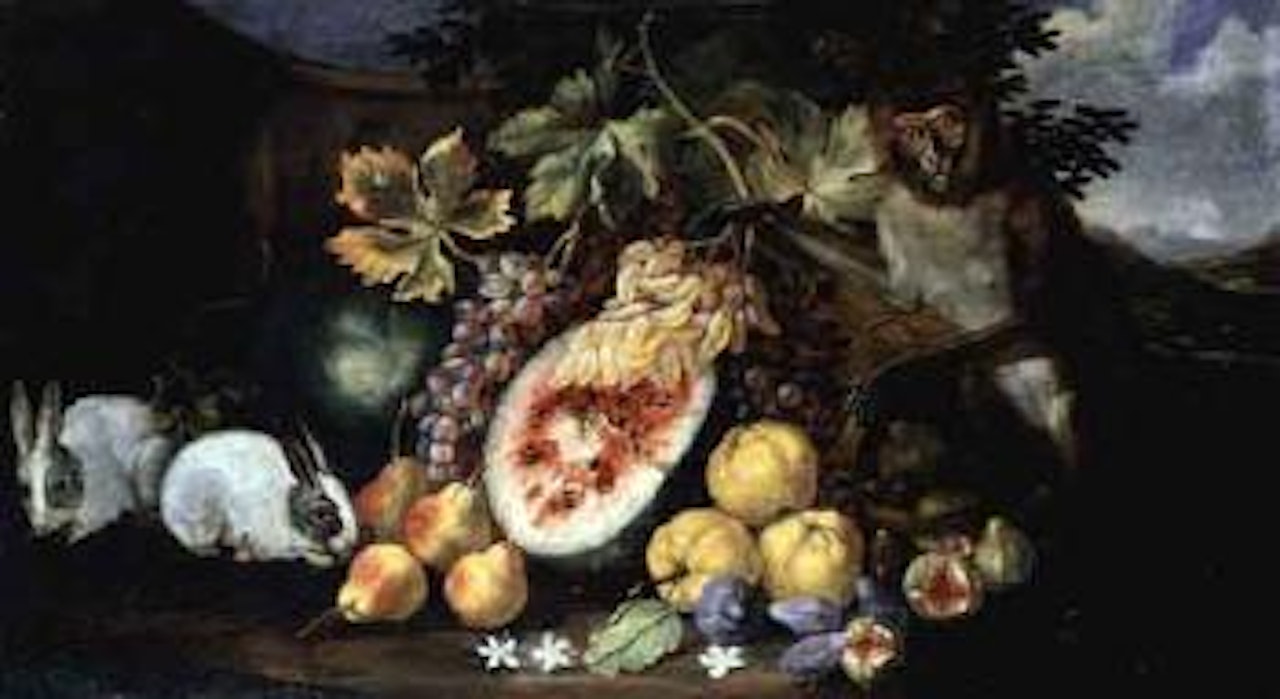 Still life with fruit, hares and monkey by Abraham Brueghel