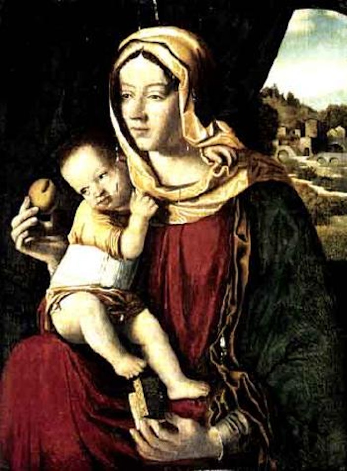 Madonna and Child seated before a curtain, a landscape beyond by Giovanni Bellini