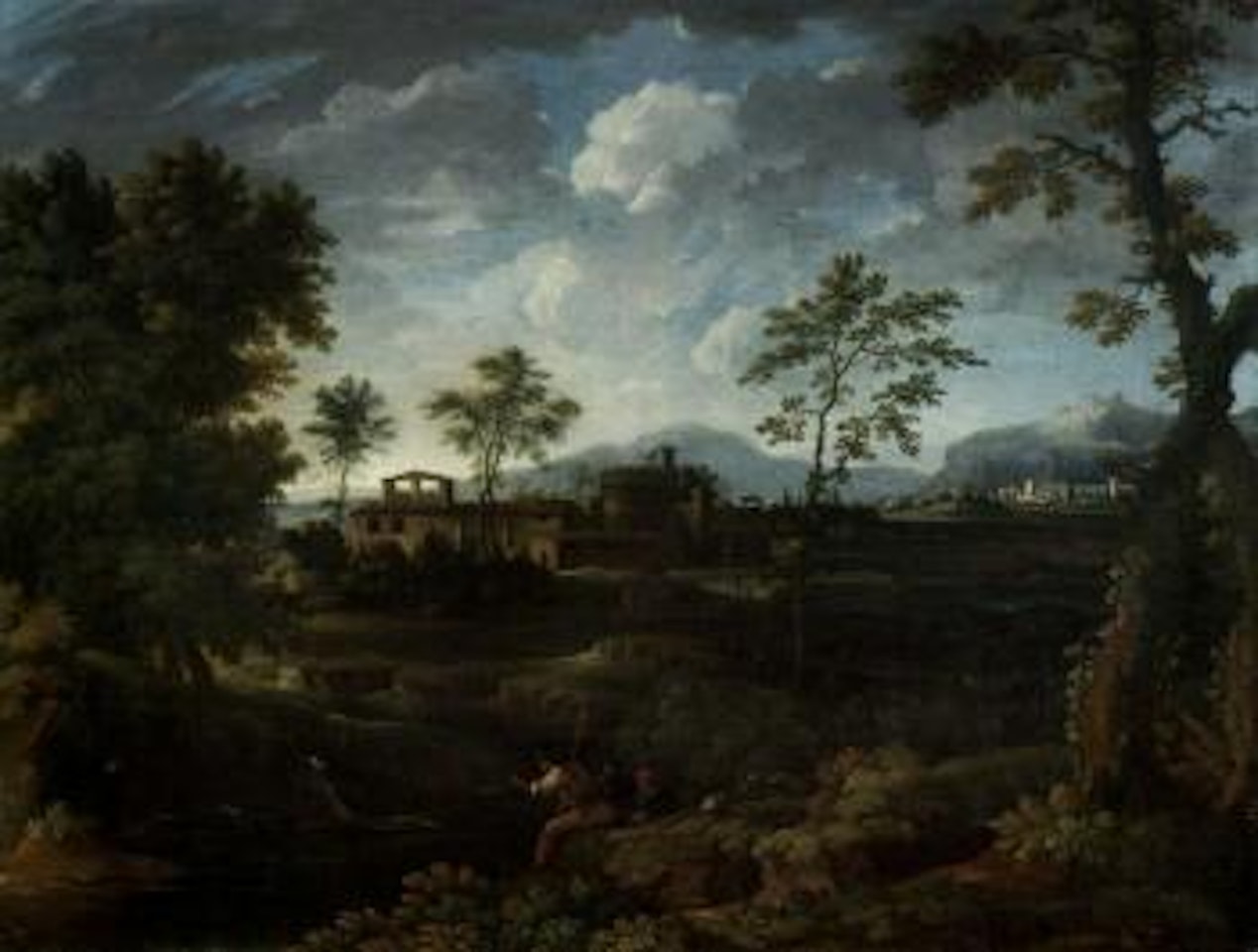 Italian landscape with trees and soldier resting by river by Pieter Mulier II
