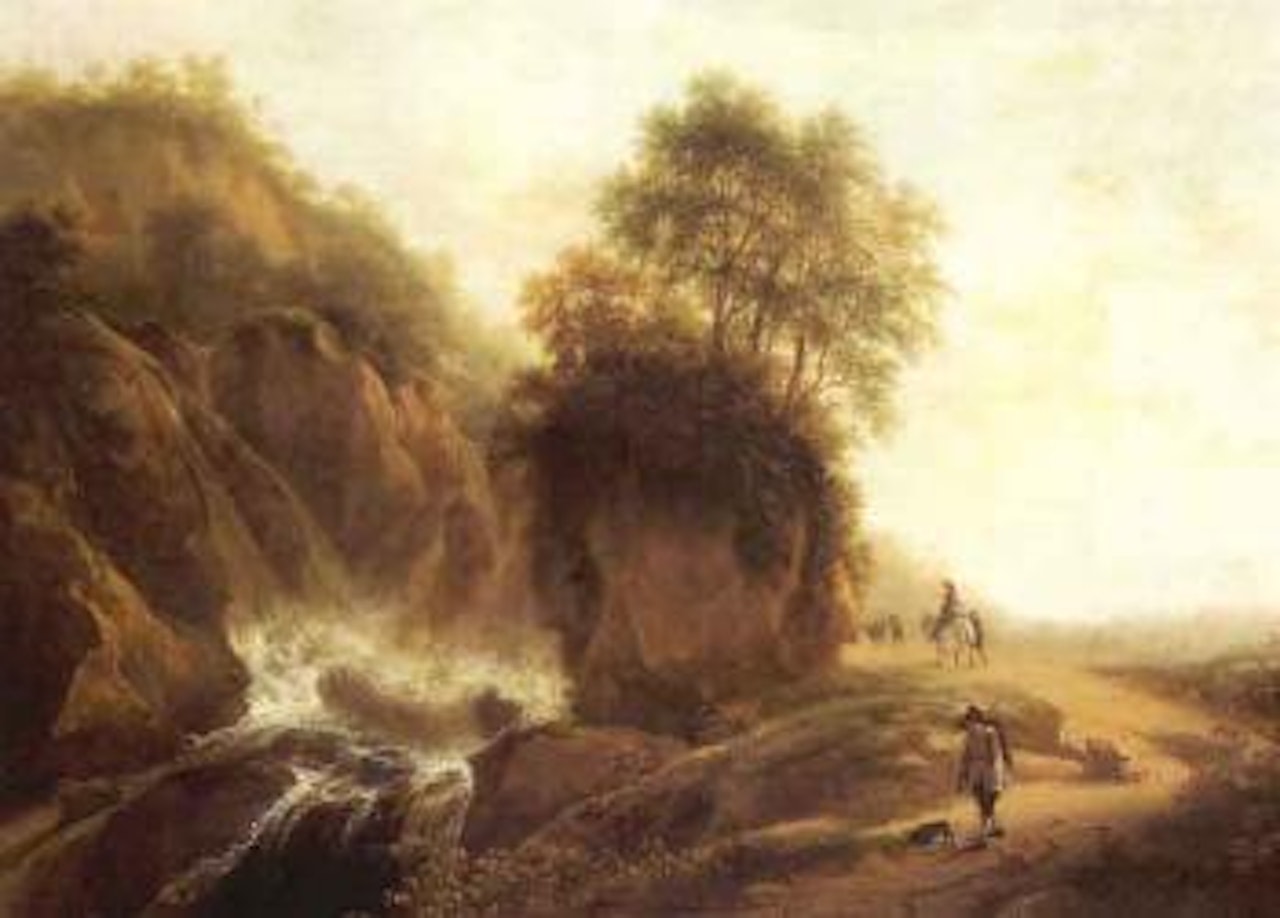 Evening landscape with travellers on horseback near a waterfall by Jan Both