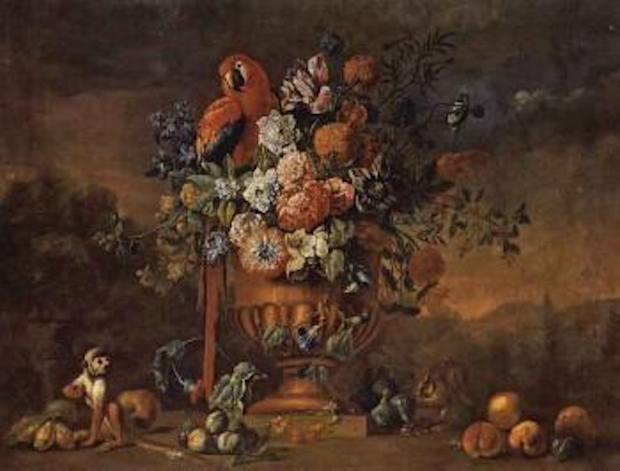 Flowers in an urn with a parrot, a monkey and a squirrel by Italian School