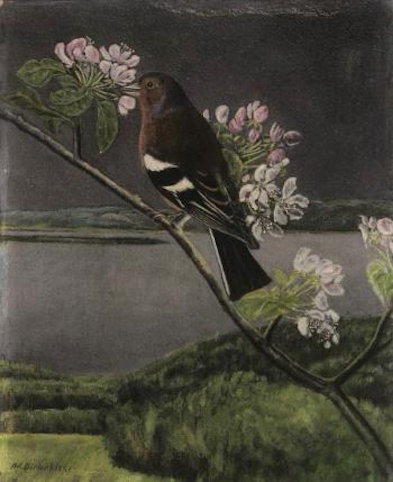 Three chaffinches on a window sill by Adolf Dietrich