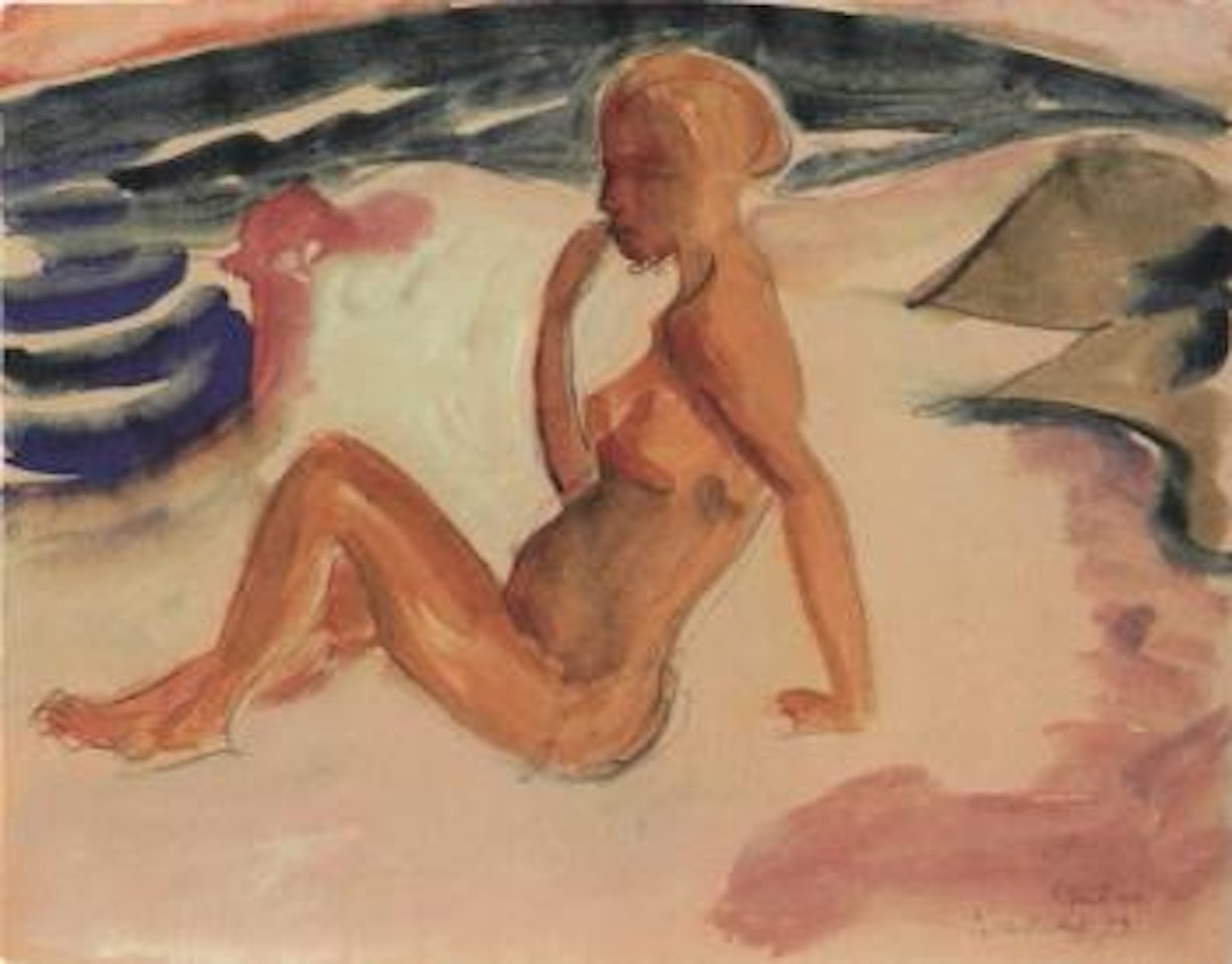 Woman sitting on the beach by Erich Heckel