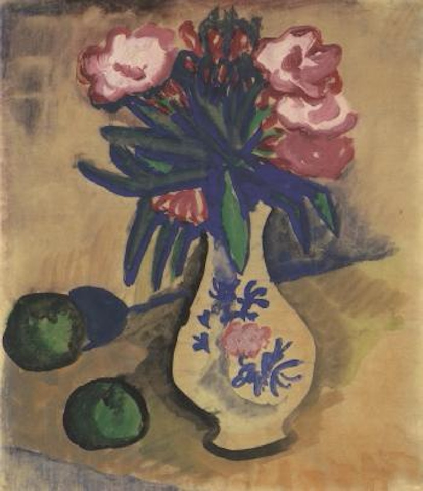 Flowers in a vase and fruit by August Macke