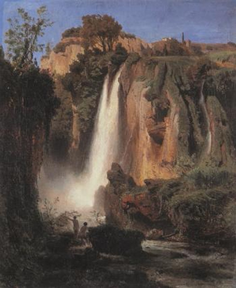 Waterfall with two bathers by Oswald Achenbach
