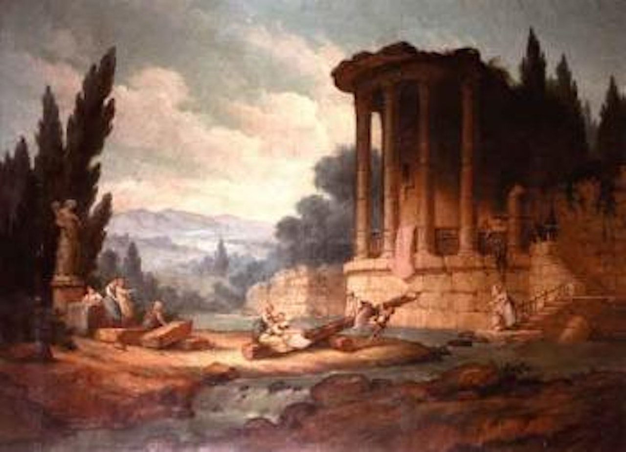 Extensive landscape with children playing on a see-saw before a ruined temple by Hubert Robert