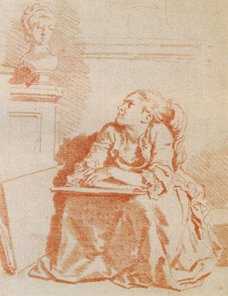 Seated girl, leaning with folded arms on a sketch book, grazing up at the female bust on mantelpiece by Jean-Honoré Fragonard