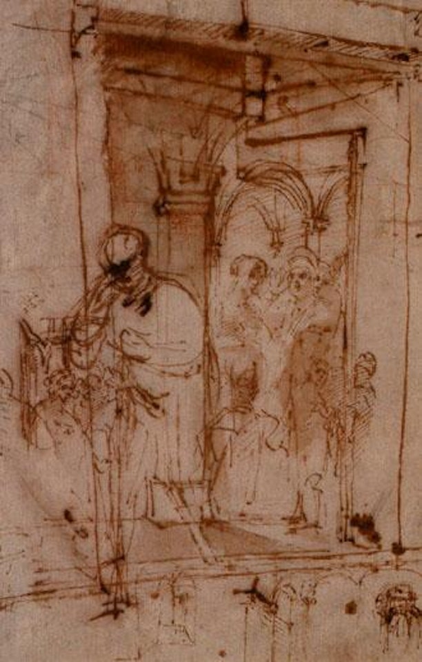 Figures in an architectural setting. Bird in flight by Pier Francesco Mola