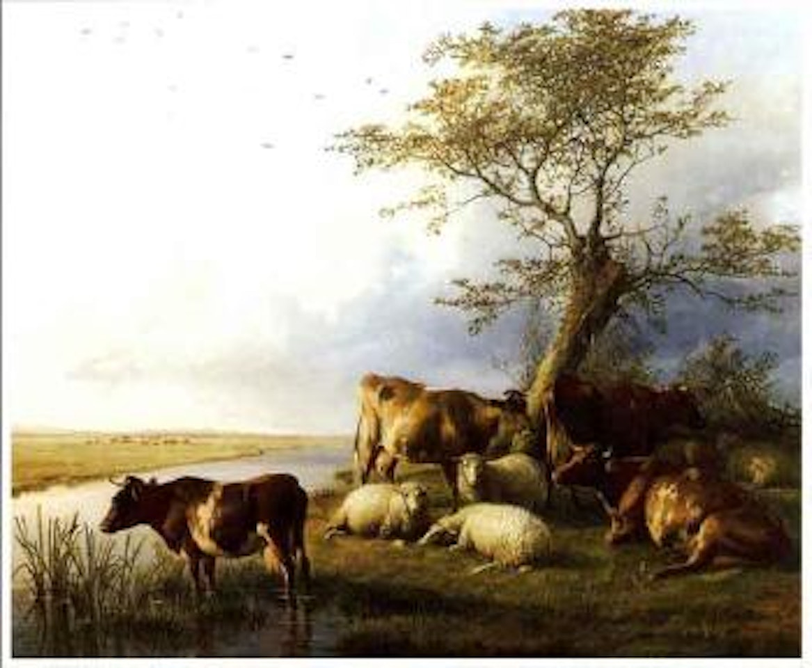 Cattle and sheep under a tree by a river by Thomas Sidney Cooper