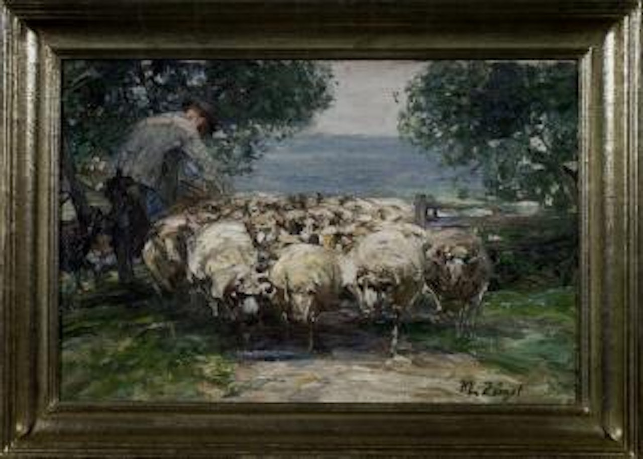 Shepherd letting flock out of pasture by Heinrich von Zugel