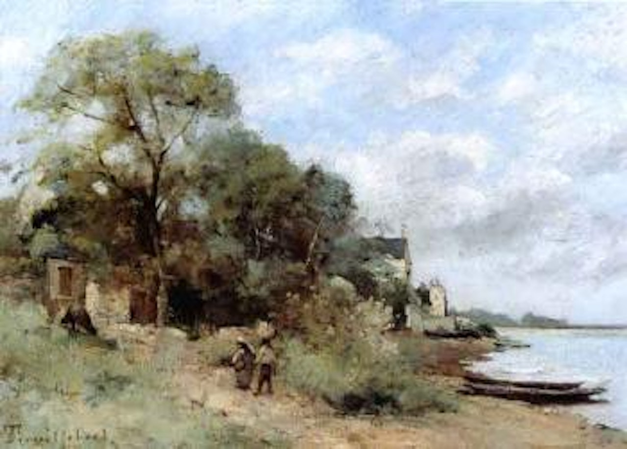 Boat and figures on shore by Paul Désiré Trouillebert