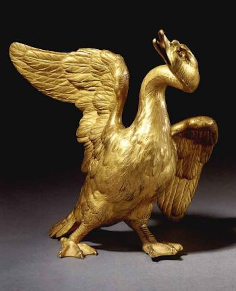 Swan in a startled pose with spreaded wings by French School