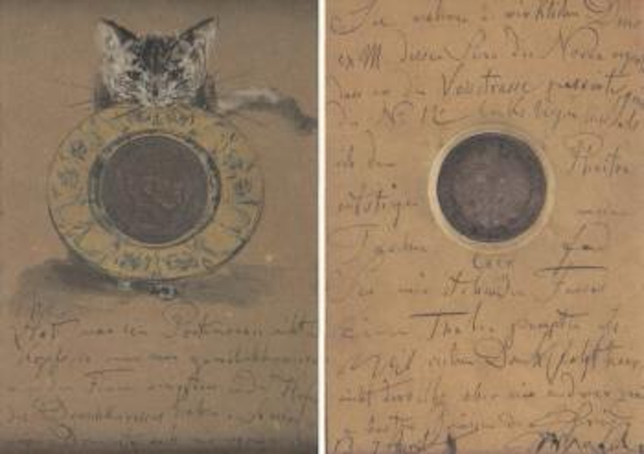 Thankyou letter with coin and cat's head by Adolph Menzel