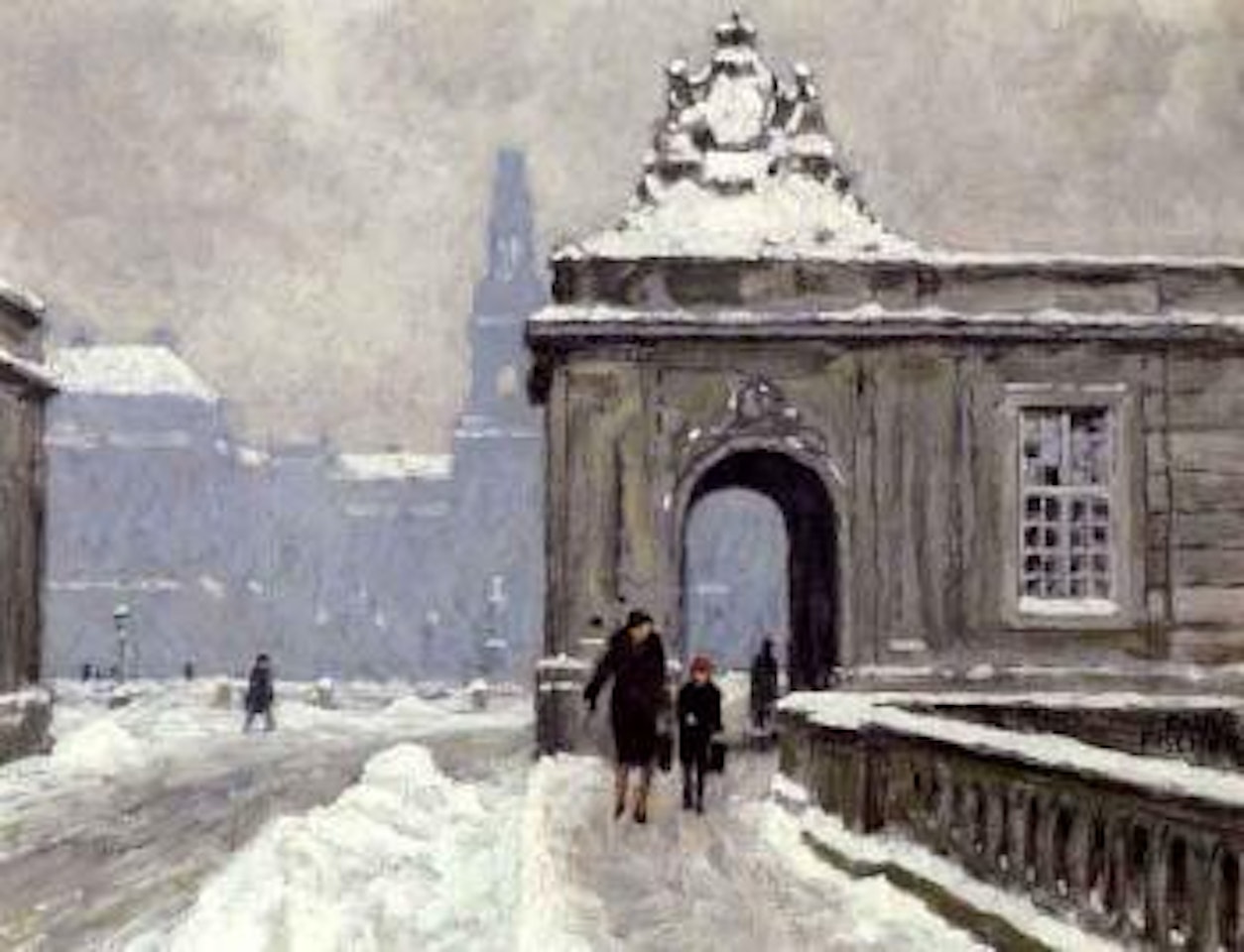 Snowy weather at Christiansborg with mother and child by Paul Fischer