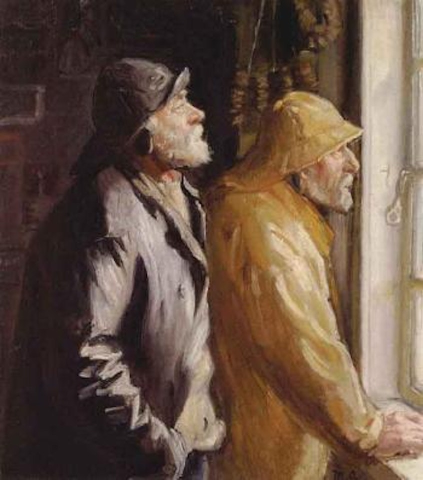 Two fishermen wearing oil skins looking out of window by Michael Ancher