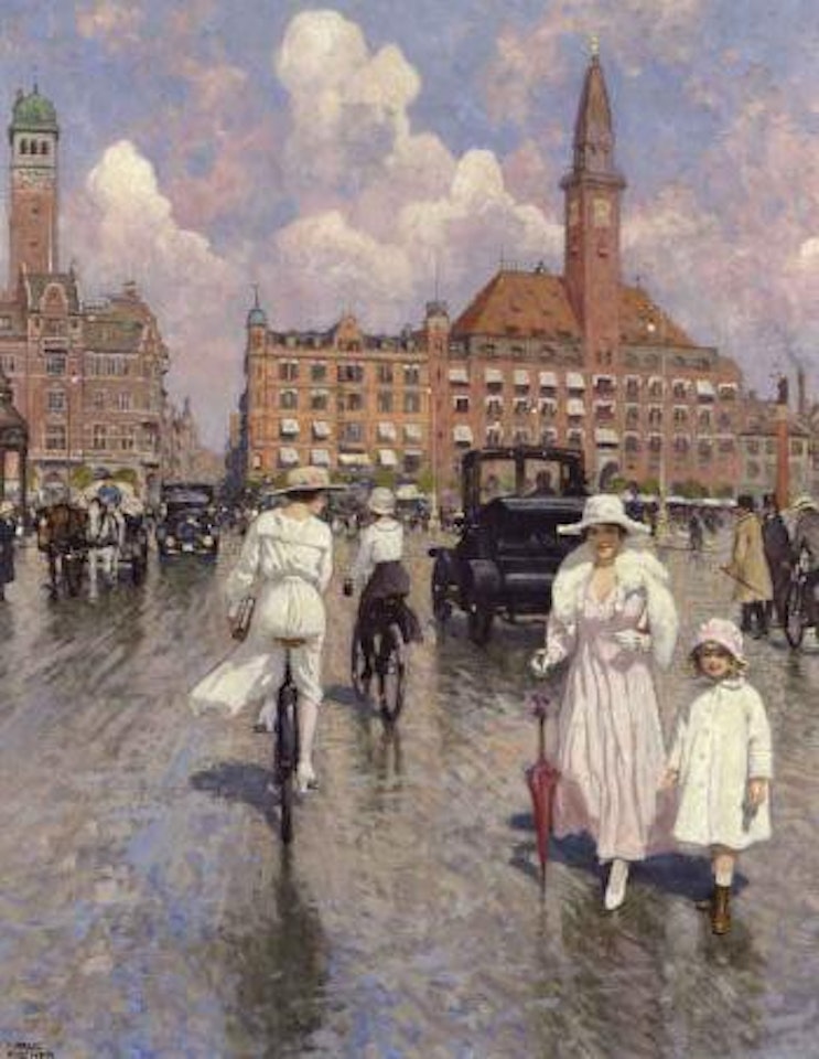 The artist's wife Musse and daughter Grethe passing girls on bikes, Copenhagen by Paul Fischer