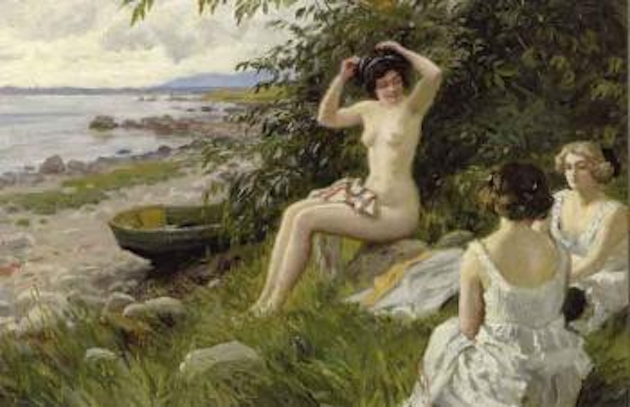 Three bathing girls by the sea by Paul Fischer