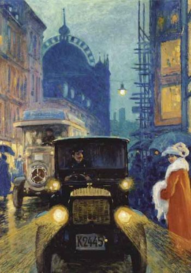 Evening street scene in lights from cars, Ostergade near Illum by Paul Fischer