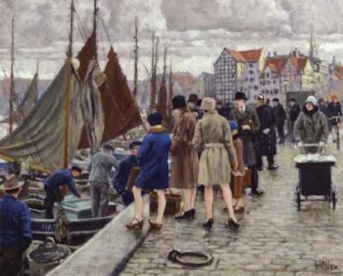 Elegant ladies buying fish by Paul Fischer