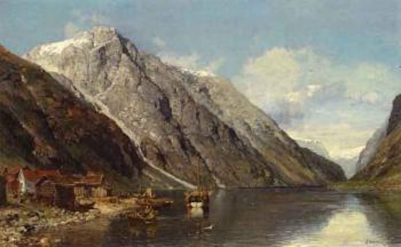 Norwegian fjord landscape with small boats by village by Anders Monsen Askevold