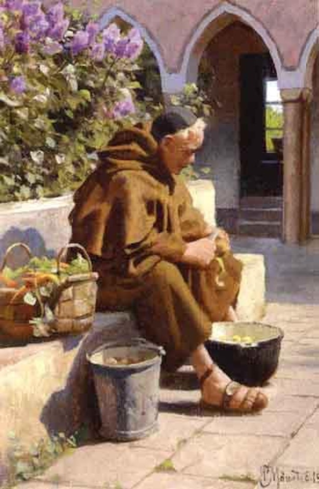 Monk peeling vegetables in monastery yard by Peder Mork Monsted