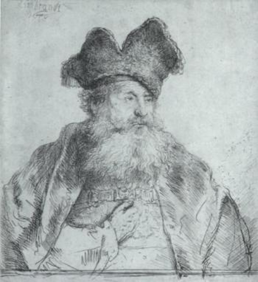 Old man wearing fur hat by Attributed to Rembrandt Harmensz van Rijn