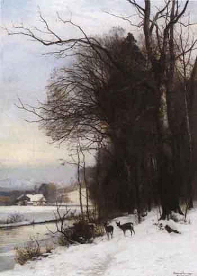 Winter landscape with deer by Anders Andersen-Lundby
