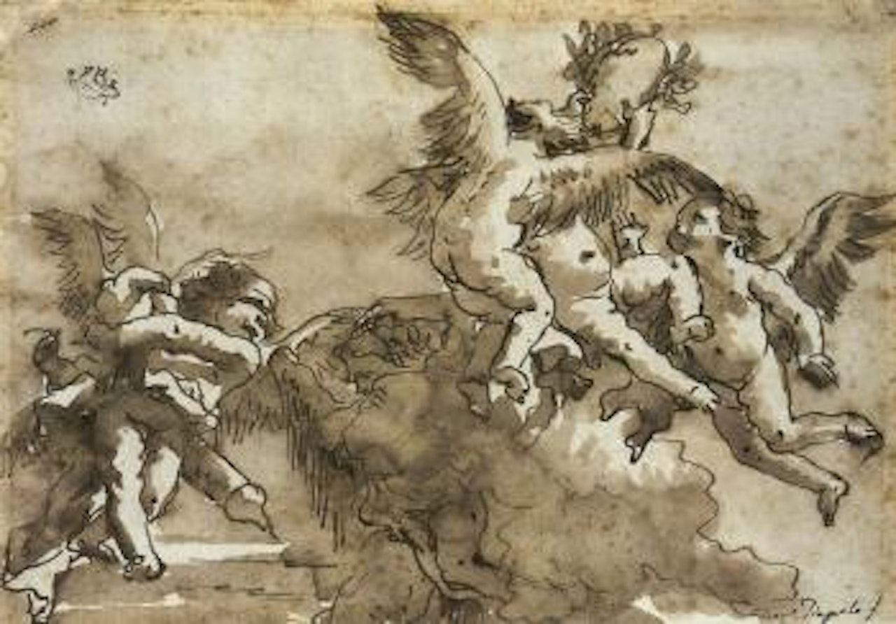 Putti playing with a crown of laurels, Cupid blindfolded to the left by Giovanni Domenico Tiepolo