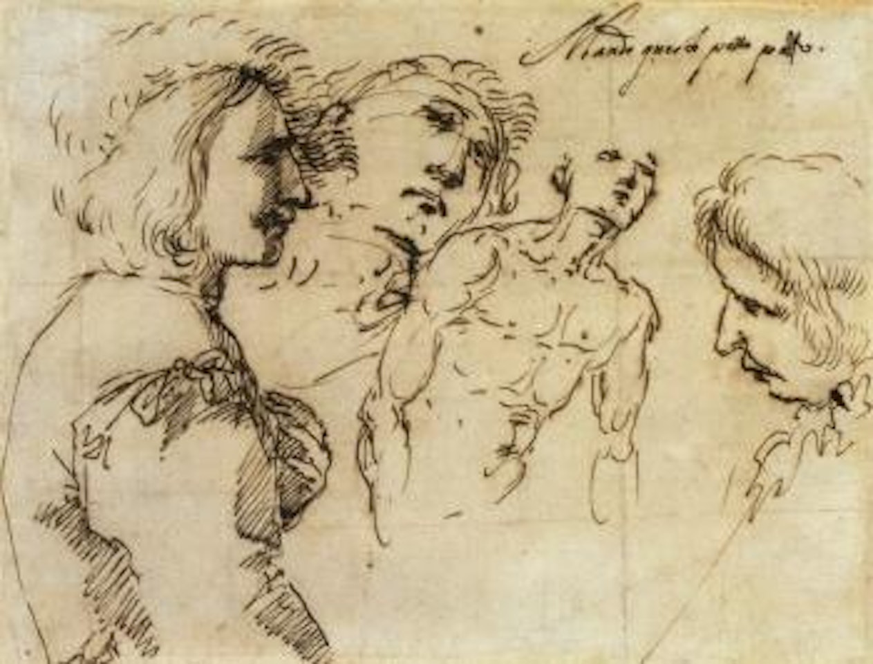 Young man in a plumed hat, two studies of heads and another of a nude by Salvator Rosa