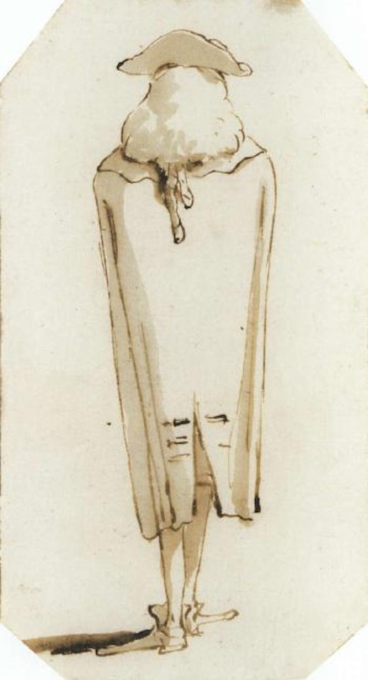 Caricature of a man seen from behind wearing a tricorn and a long coat by Giovanni Battista Tiepolo