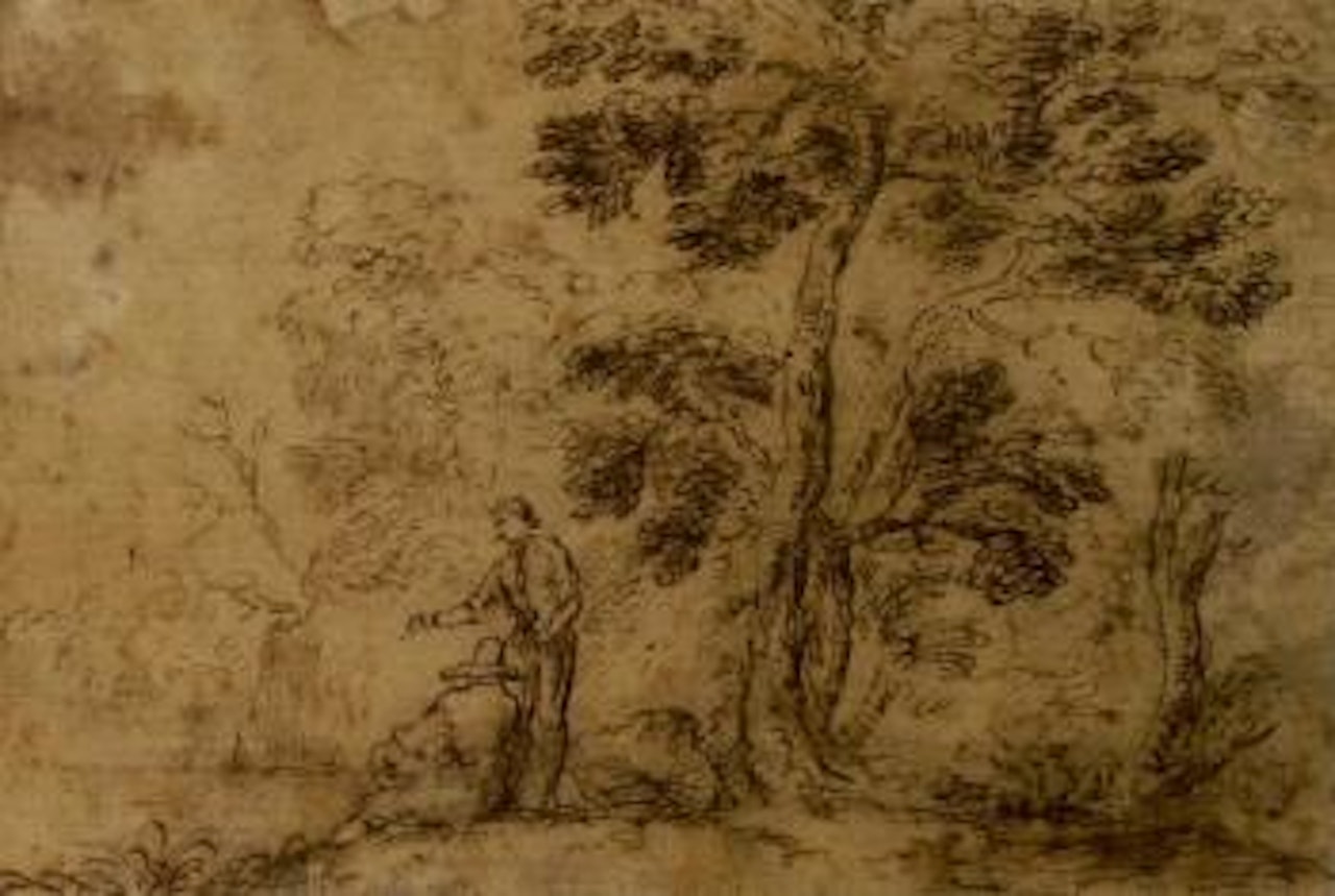 Two figures by a tree near a river by Salvator Rosa
