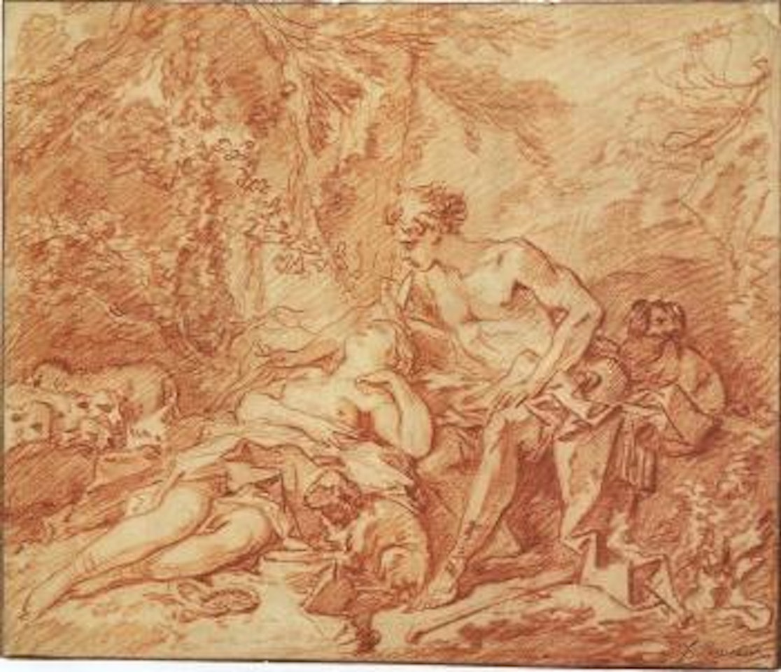 Daphnis and Chole, shepherd with a sleeping shepherdess, and his flock by Francois Boucher