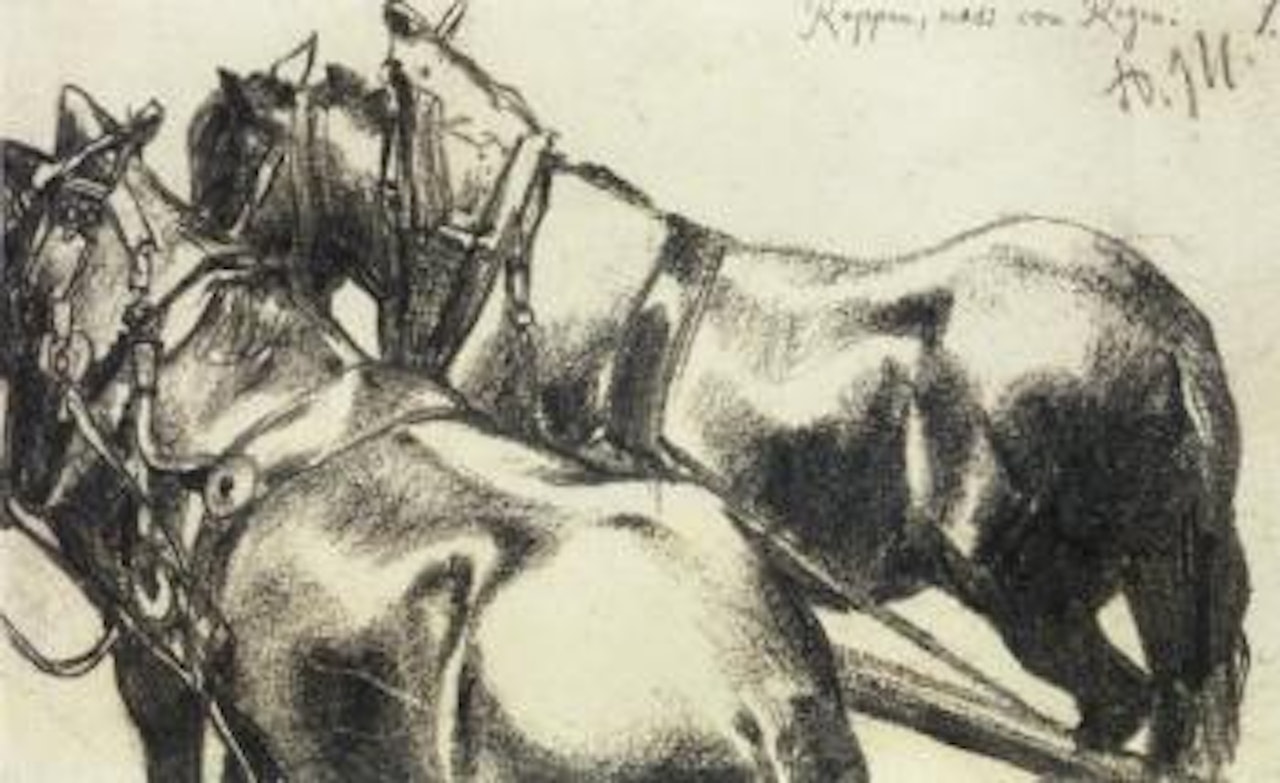 Two carthorses in harness, seen from behind by Adolph Menzel