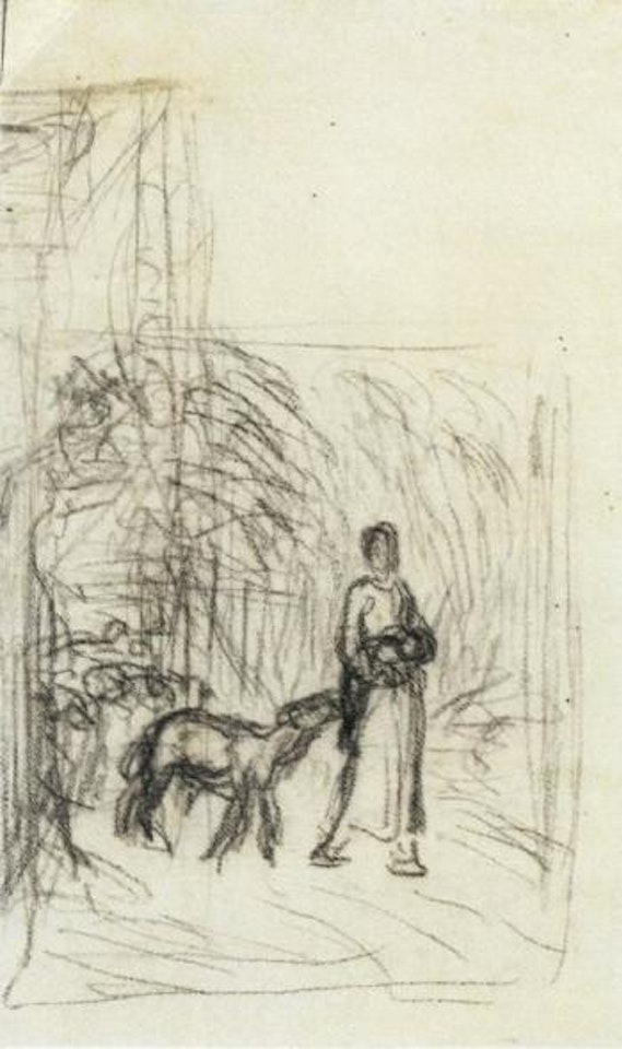 Shepherdess carrying a bay, with sheep. Marguerite Sensier by Jean-François Millet