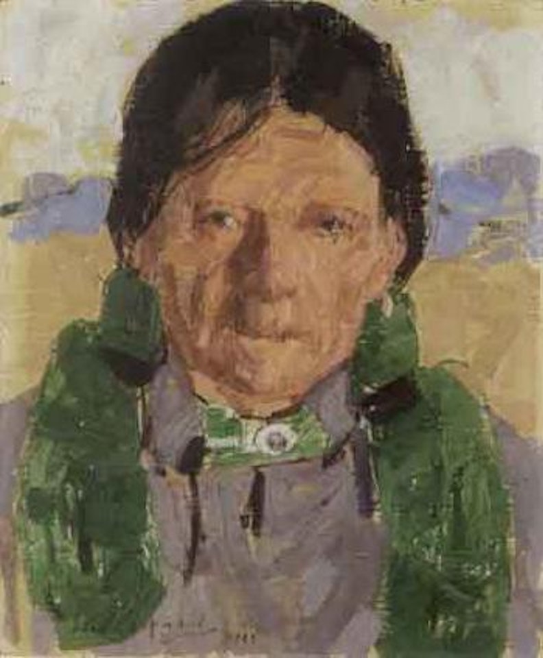 Indian in grey with green scarf by Leon Gaspard