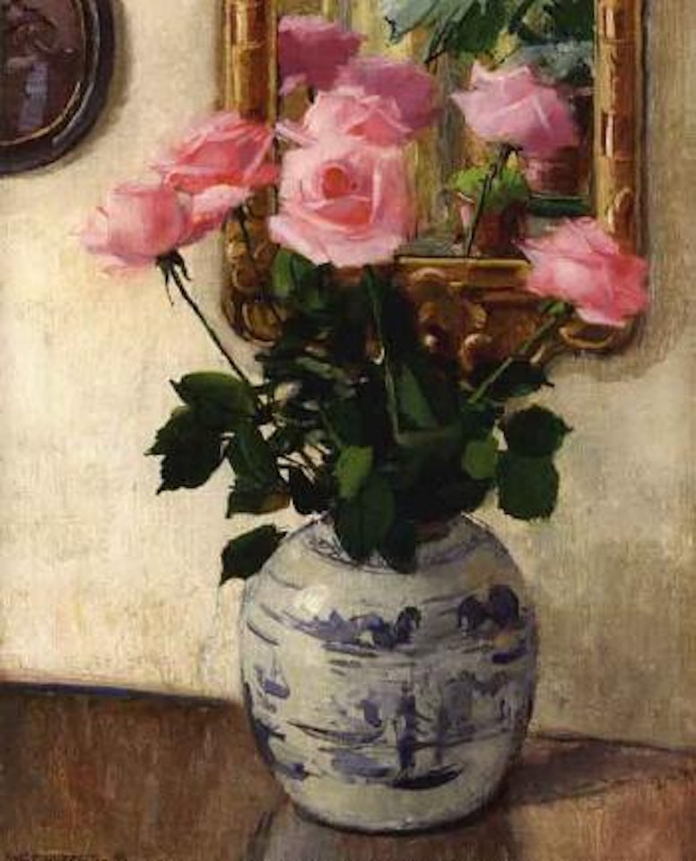 Still life of roses in Delft vase by Olle Hjortzberg