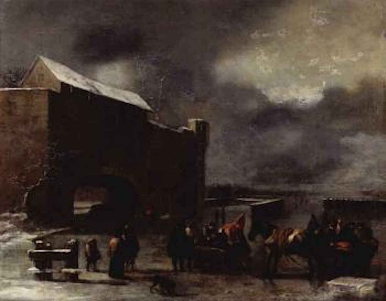 Canal landscape in winter with figures by Nicolaes Pietersz Berchem