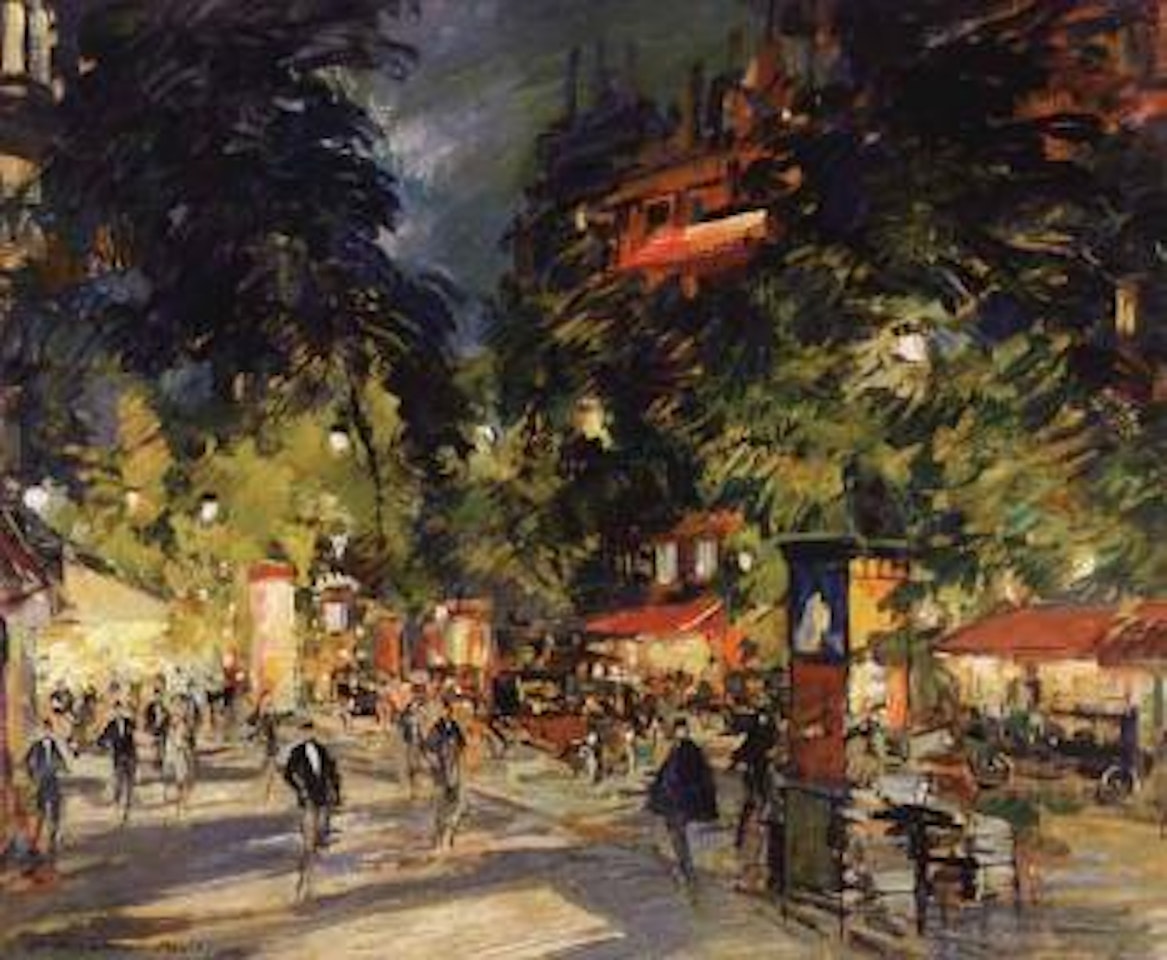 Parisian boulevard with men about town by Konstantin Alekseevich Korovin