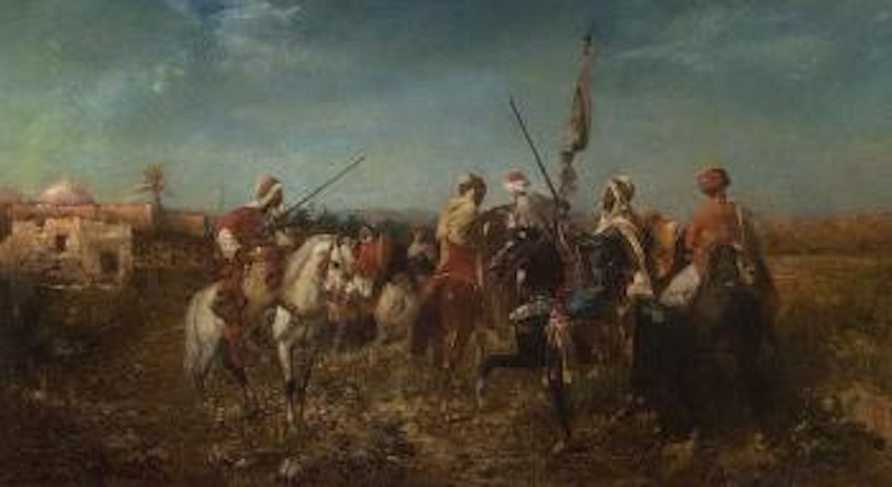 Arabs on horseback near Oasis by Adolf Schreyer