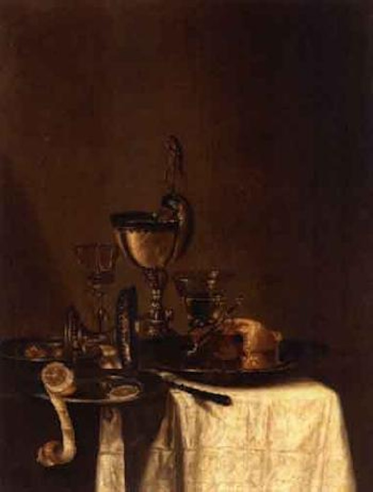 Still life of a nautilus cup, tazza, pie and two wine glass on a table top by Willem Claesz Heda