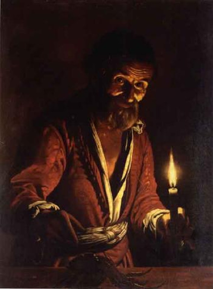 Nocturnal scene with a man holding a candle, pointing to a crab on a table by Matthias Stom