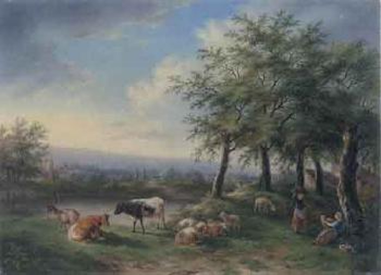 Idyllic scene of shepherdesses and herd near edge of town by Eugène Joseph Verboeckhoven