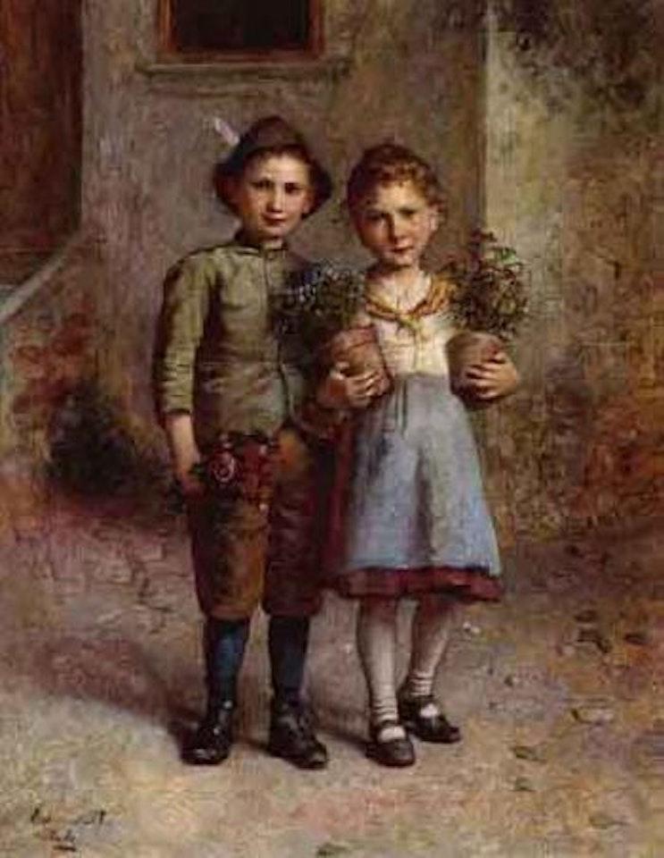 Children holding pots of flowers by Edmund Adler