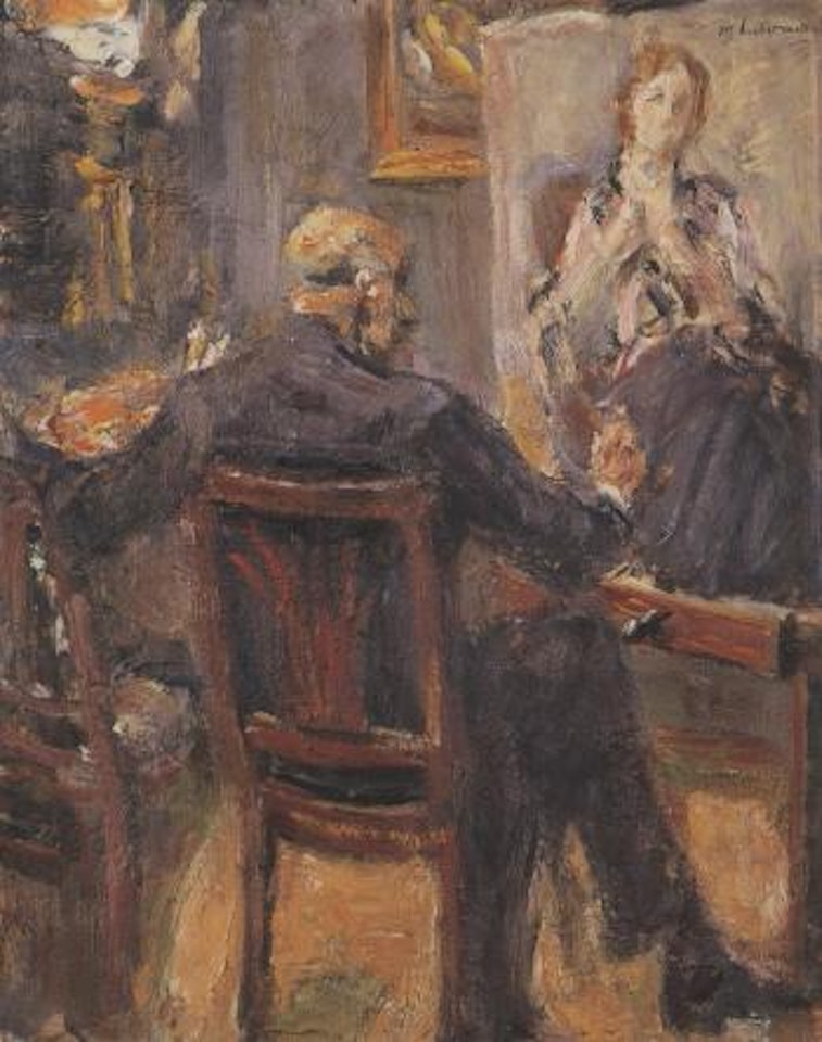 Self portrait sitting in front of easel, to the right by Max Liebermann