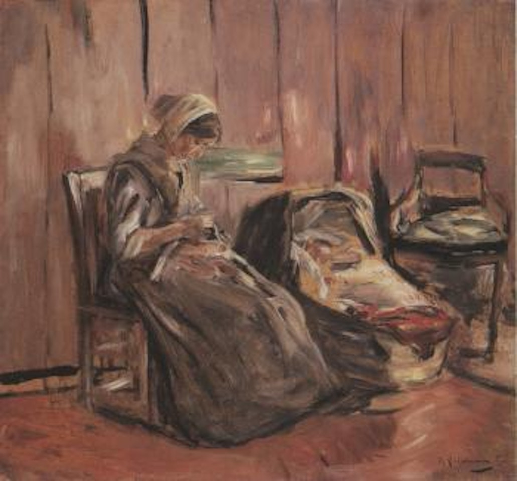 Woman with cradle, mother with child in farmhouse by Max Liebermann