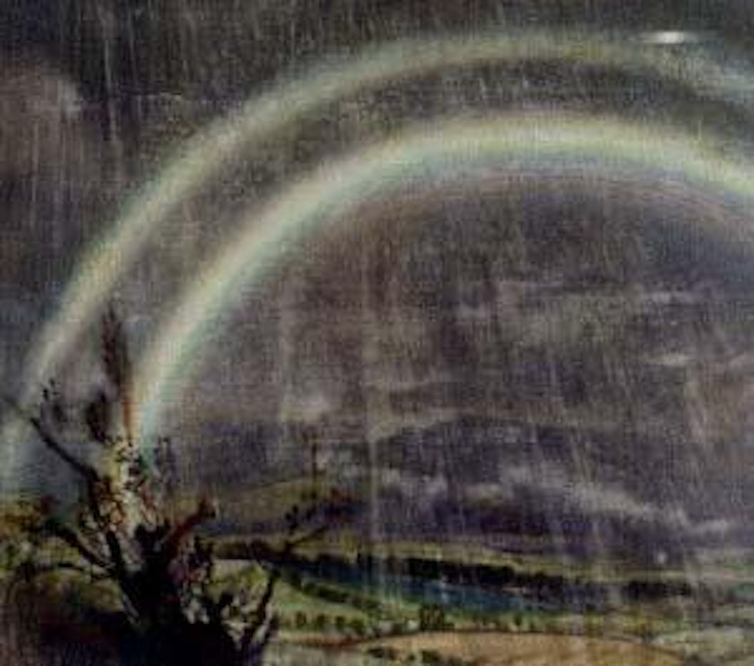 Rainbow and storm over a rural landscape by Laura Knight